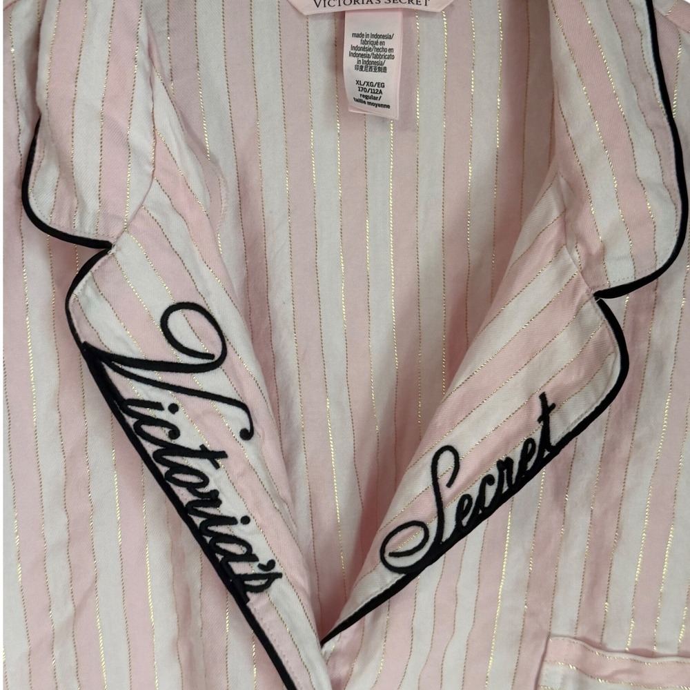 Victoria's Secret Logo Striped Pajama Set Womens XL Pink Gold Shimmer Sleepwear - Picture 3 of 16